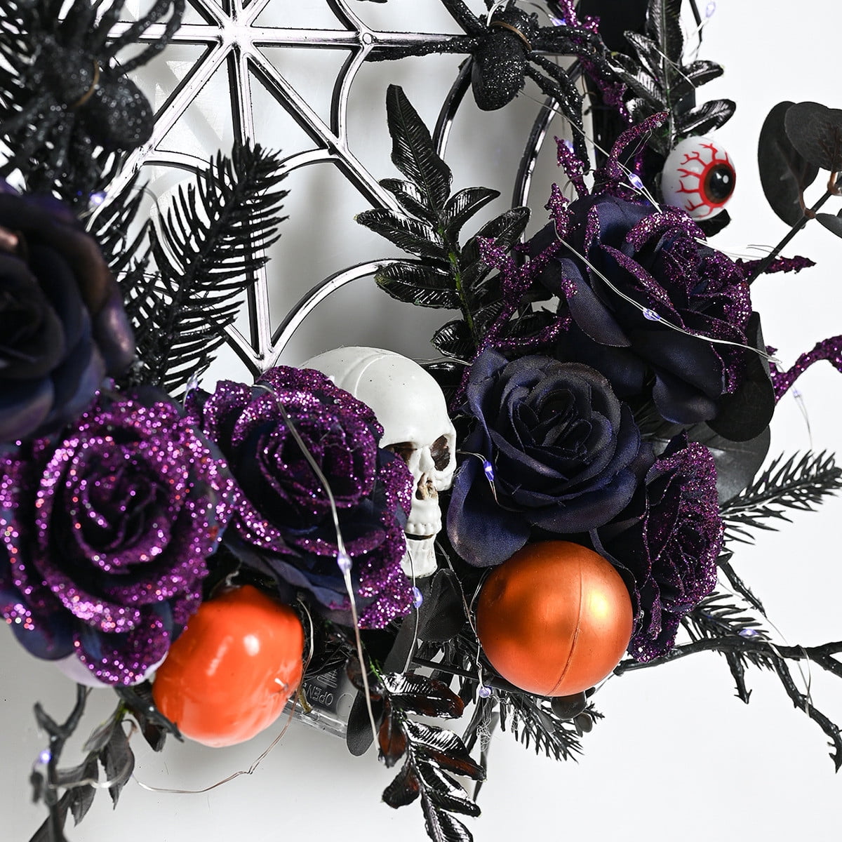 Bobomoti Halloween Wreath with LED Lights, Halloween Wreath with Flowers and Skulls for Front Door, Indoor Outdoor Halloween Home Party Decorations