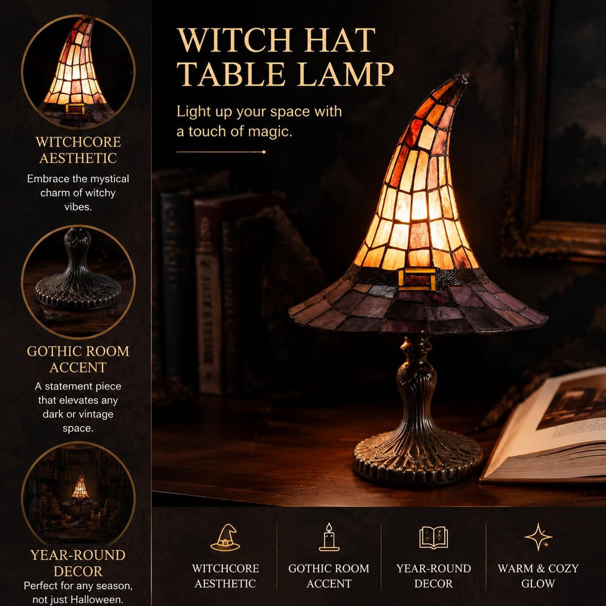 Clearance Witch Hat Lamp, Halloween Nigh Light Handcrafted Retro Resin Witch Hat Light, Usb Powered, Gothic Halloween Decorations for Bedroom