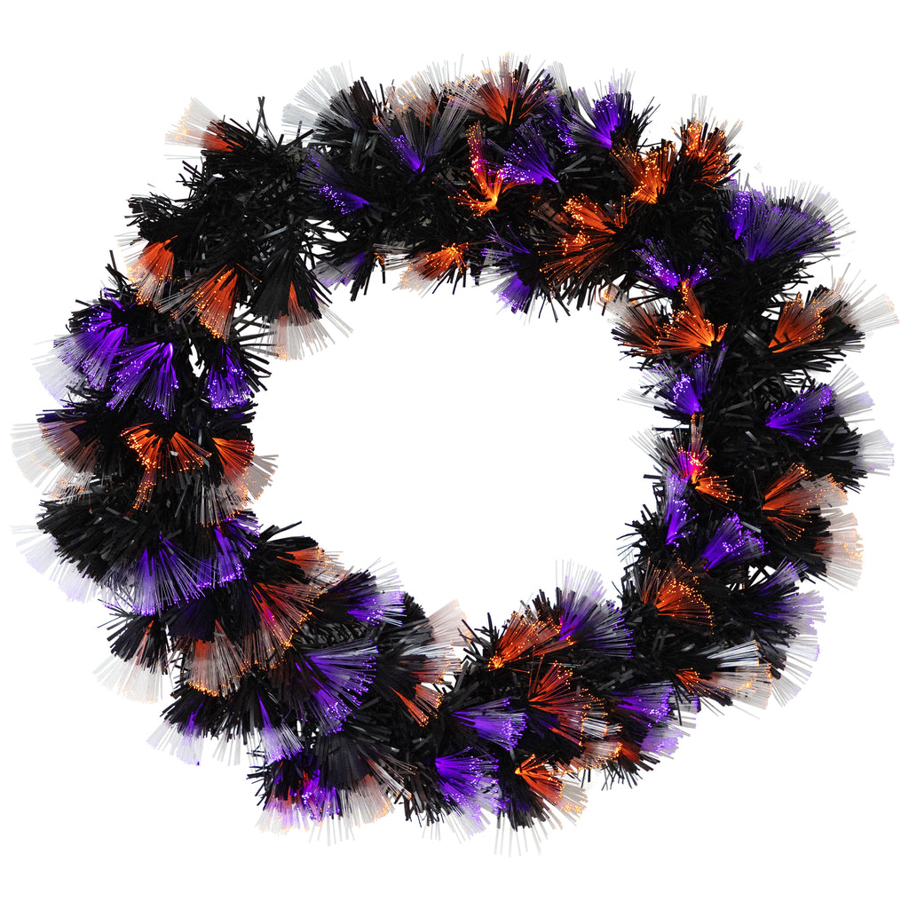 Multi-Function Fiber Optic Artificial Halloween Wreath - 24" - Black - Orange and Purple LED