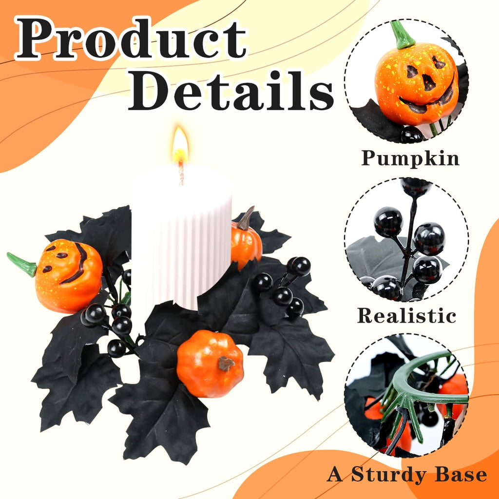 Halloween Candle Ring Wreath Halloween Table Centerpiece Black Orange Spooky Table Top Decoration Small Taper/Pillar Candle Rings Center for Party Favors 4 Pcs Design1