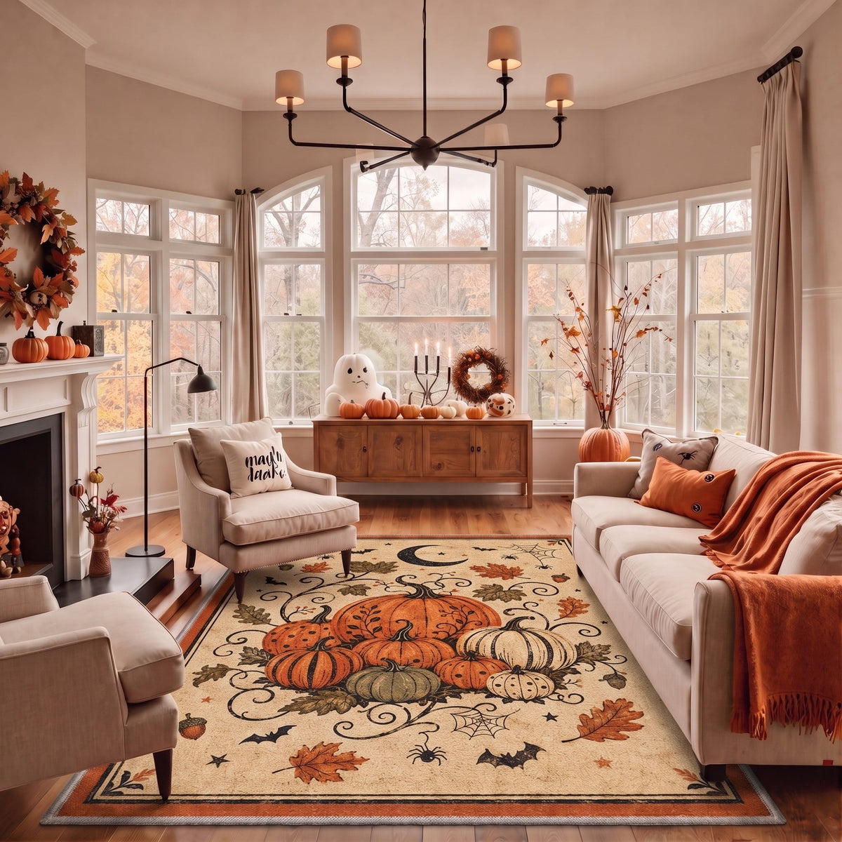 GENIMO 5'x7' Halloween Area Rug for Living Room, Washable Non Slip Soft Vintage Pumpkin Indoor Rug for Bedroom Dining Room Home Office, Antique Moss