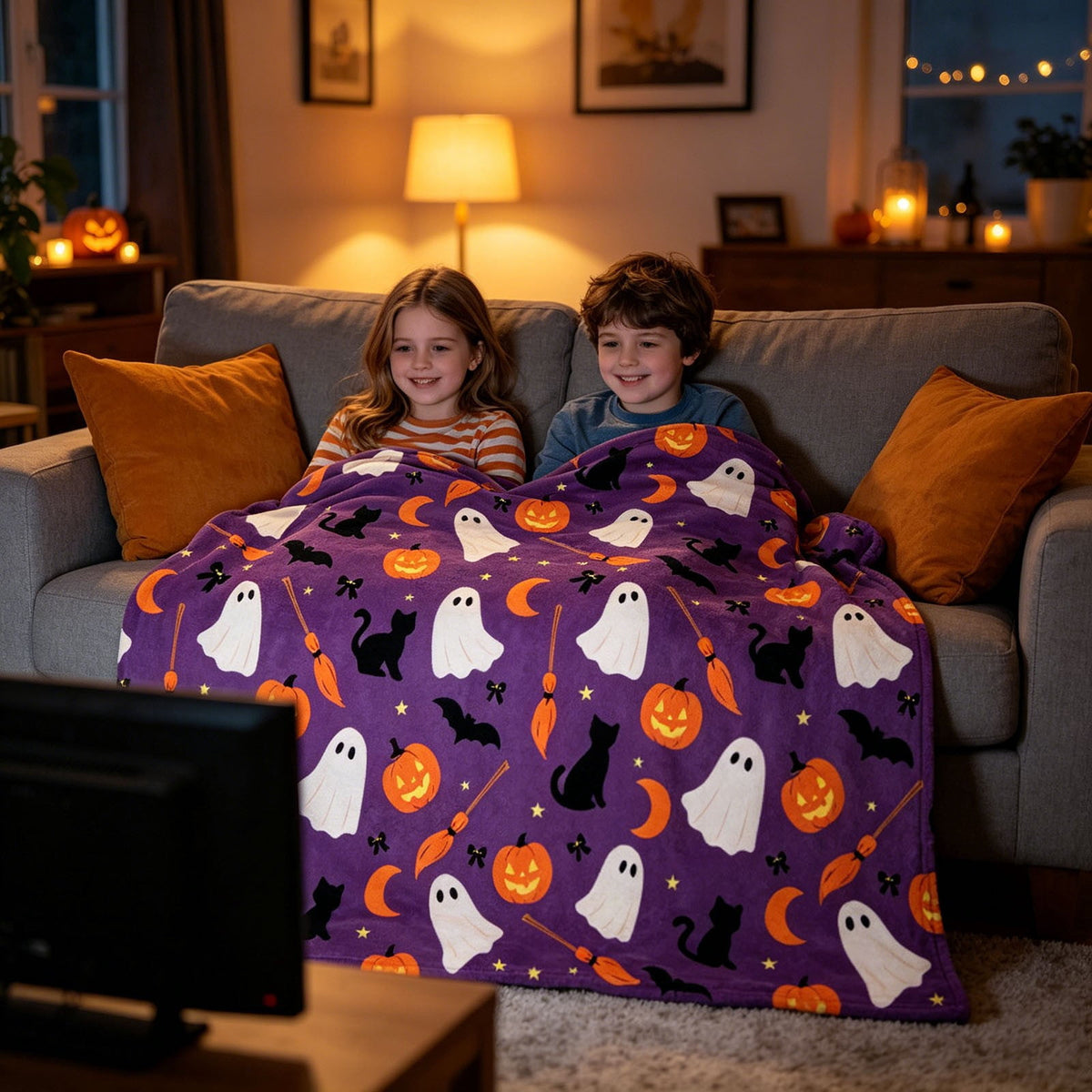 Halloween blanket,Halloween Print Throw Blanket Flannel Soft Cozy Decorative Nap Blanket with Ghost Pumpkin Skull for Office Bedroom Sofa Camping Travel(100x150cm/39x59 Inch),Black