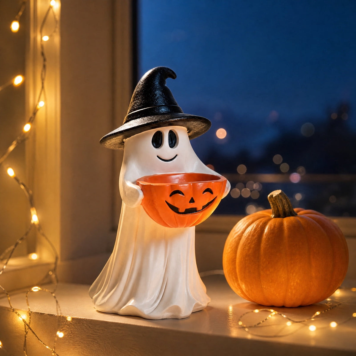 Halloween Decoration Ghost Figurine 11in Resin Ghost Statues with Pumpkin Candy Bowl for Outdoor Indoor Front Door, Porch Yard Lawn Party Decor