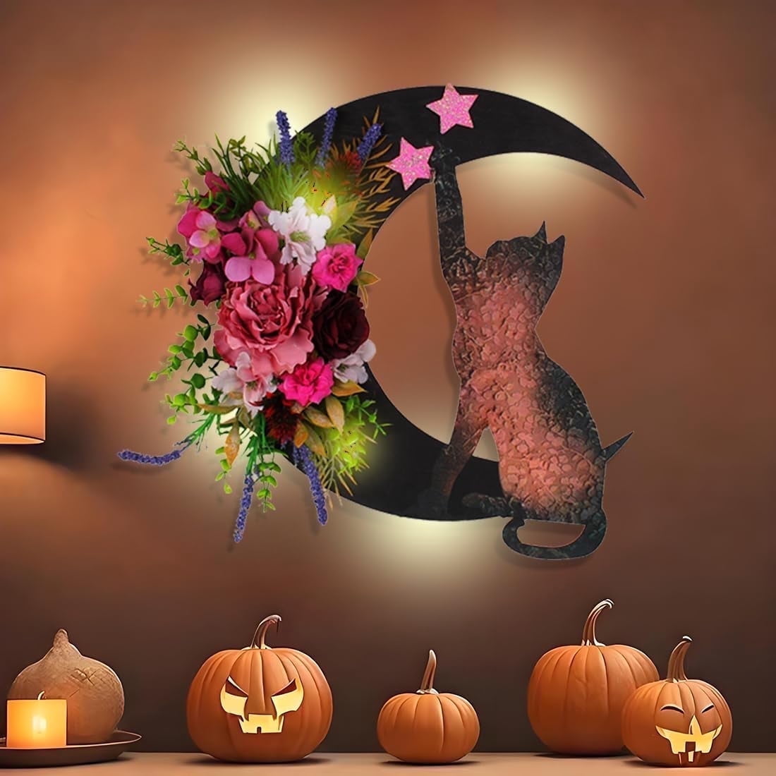 STYZIGZZ 14" Halloween Wreath for Front Door,Moon Cat Halloween Wreaths with Rose,Hanging Floor Door Decoration for Home Party Indoor Outdoor
