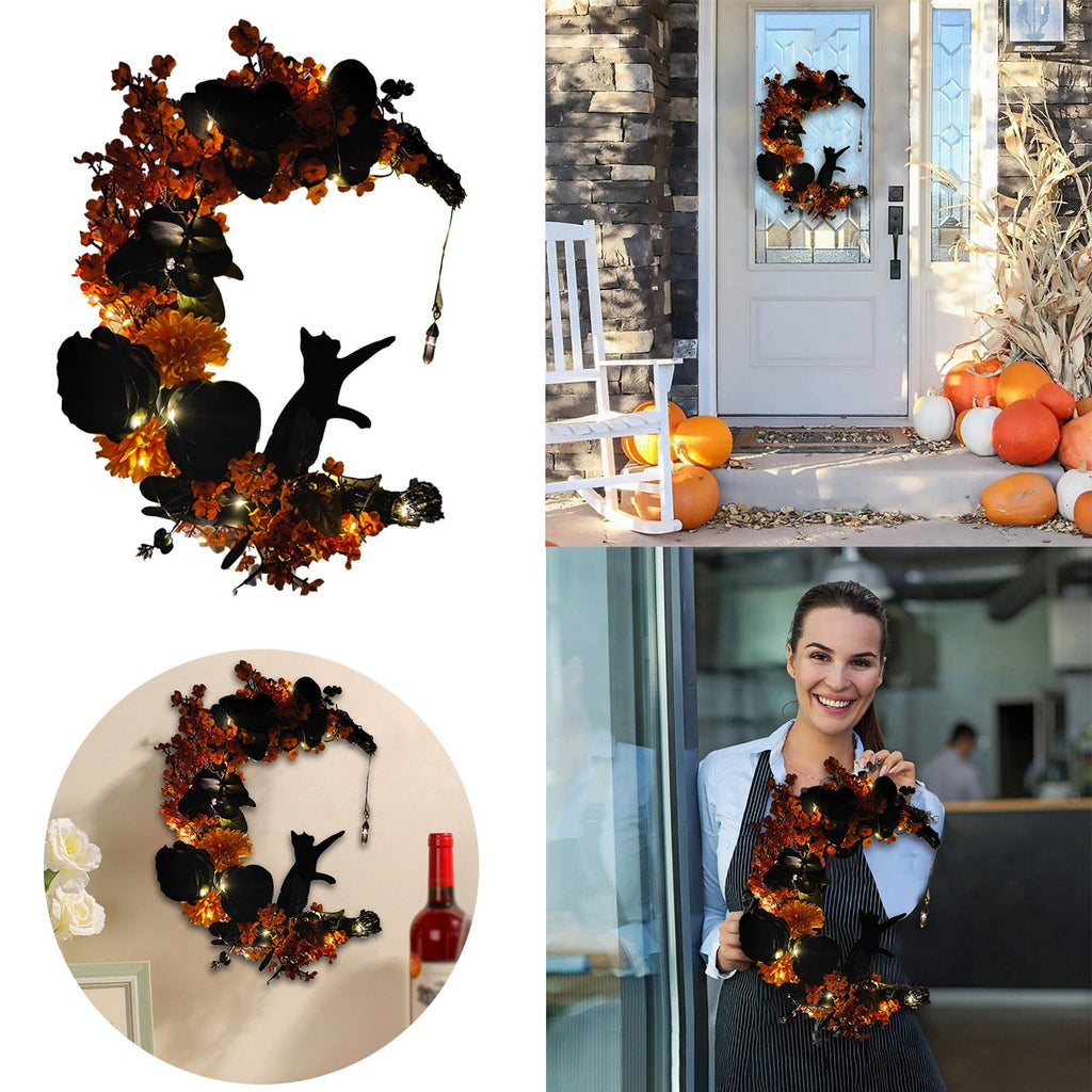 Halloween Moon & Cat Wreath with Lights - Gothic Black Branch Wreath for Front Door, Indoor/Outdoor Spooky Decor with LED Illumination