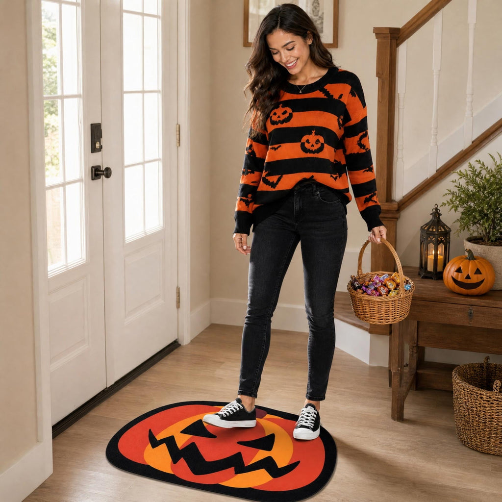 Halloween Door Mat Pumpkin Shaped Non-Absorbent Skidproof Mat 15.75x23.62in Polyester Skidproof & Weather Resistant for Front Door Porch Indoor Outdoor Halloween Door Mat by MPOISVA
