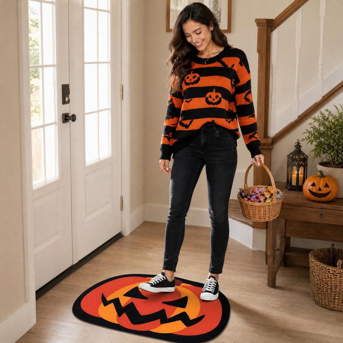 Halloween Door Mat Pumpkin Shaped Non-Absorbent Skidproof Mat 15.75x23.62in Polyester Skidproof & Weather Resistant for Front Door Porch Indoor Outdoor Halloween Door Mat by MPOISVA