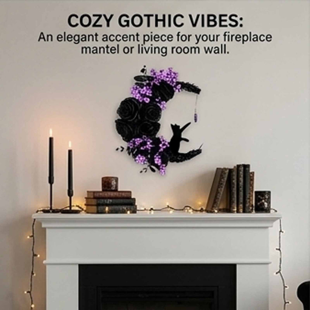 Magical Halloween Moon Cat Wreath Light up Door Crescent Floral Spooky Ruffled Fabric Porch Entryway Home Decor Wreaths Gothic Black Rose Elegant Hanging Decorations for Front Door