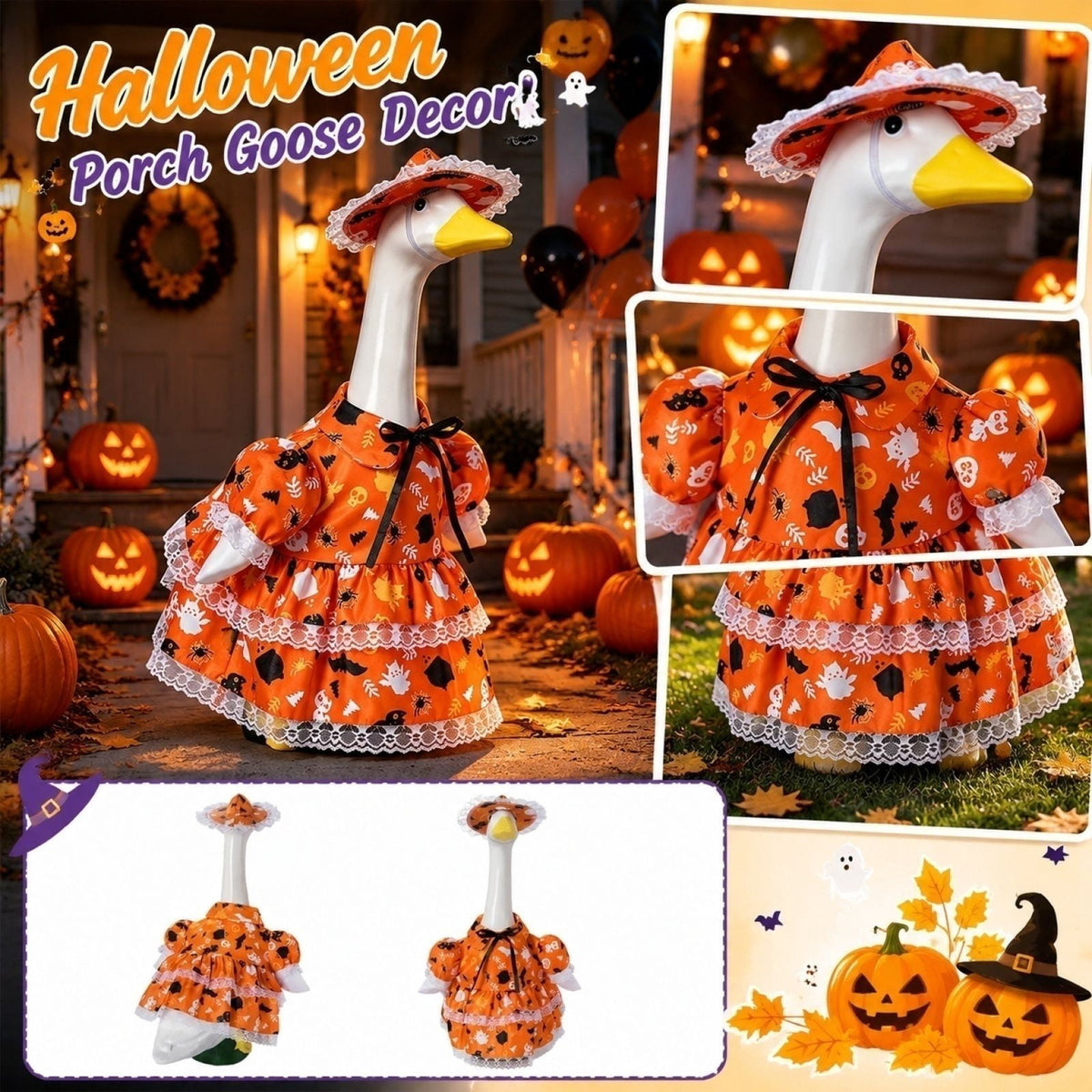 Halloween Garden Porch Decor, Porch Goose Outfits Halloween, 23 Inch Porch Goose Outfits, Witch Dress and Hat Set, Fits 23X11X26 Inch Standing Plush Goose for Front Porch Lawn