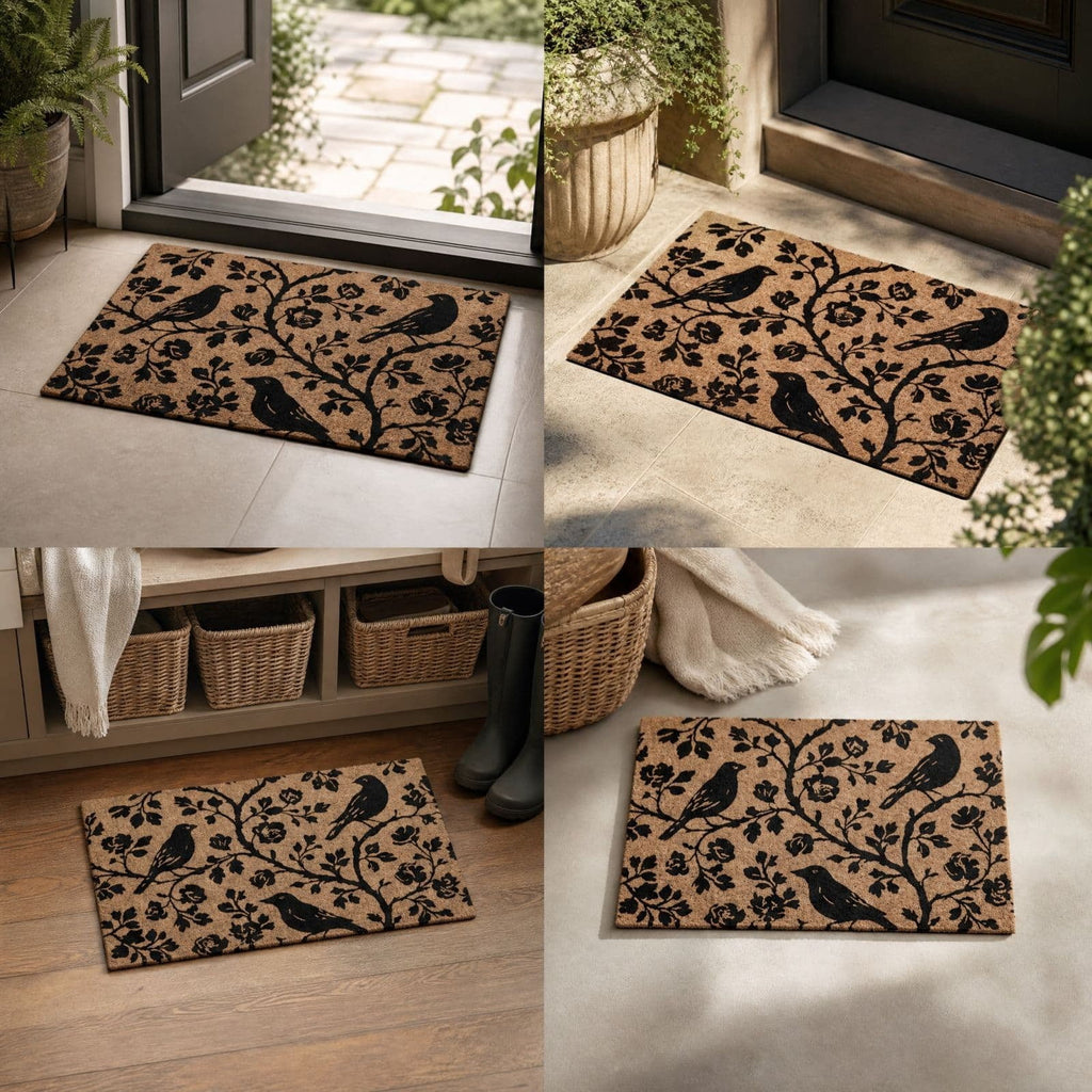 Clearance Natural/Black Floral Bird Outdoor Coir Doormat, 30" x 18"