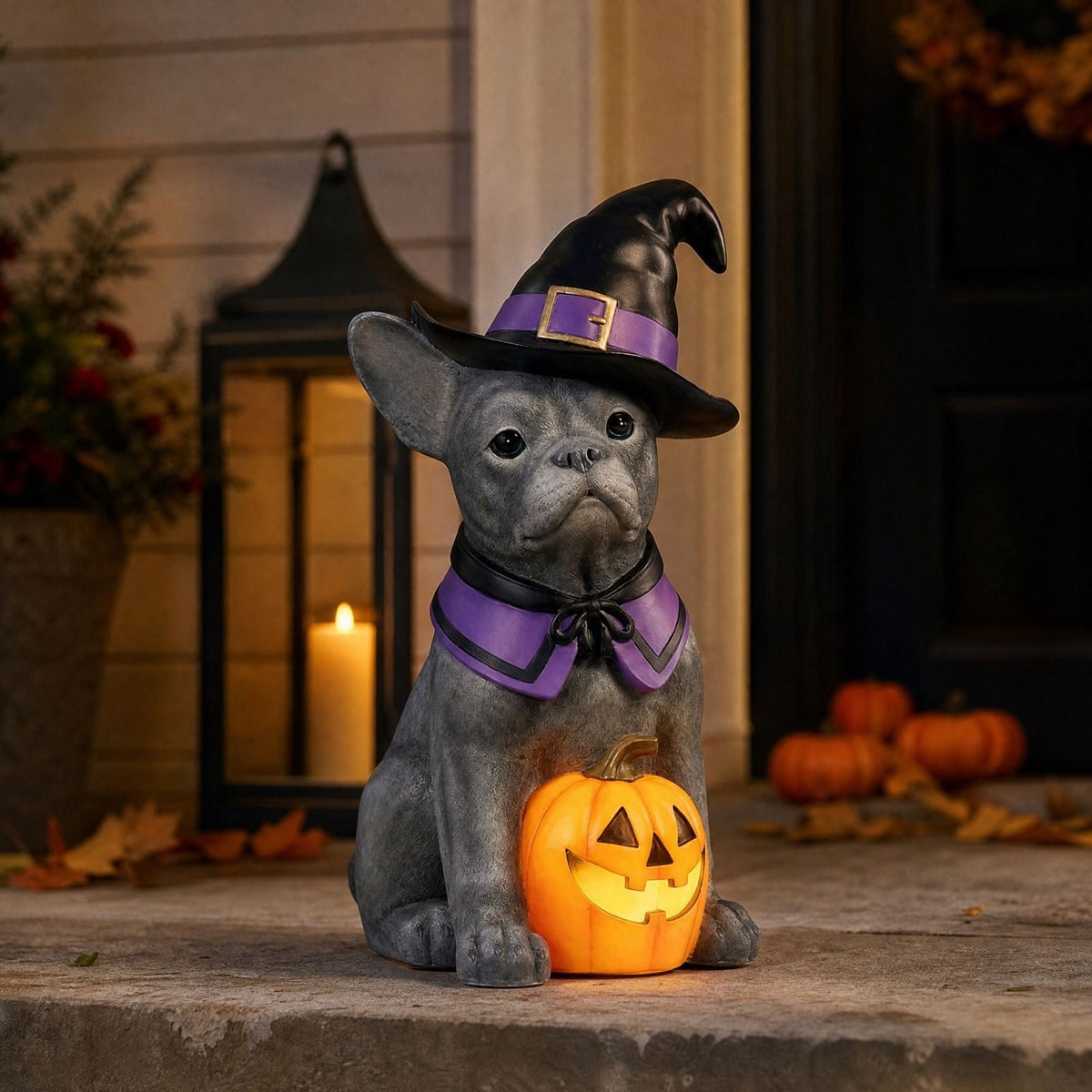 Clearance! Halloween Light‑Up Dog Figurine, 7.9in Scarecrow Dog Statue with Glowing Pumpkin, Waterproof Resin Table Yard Decor