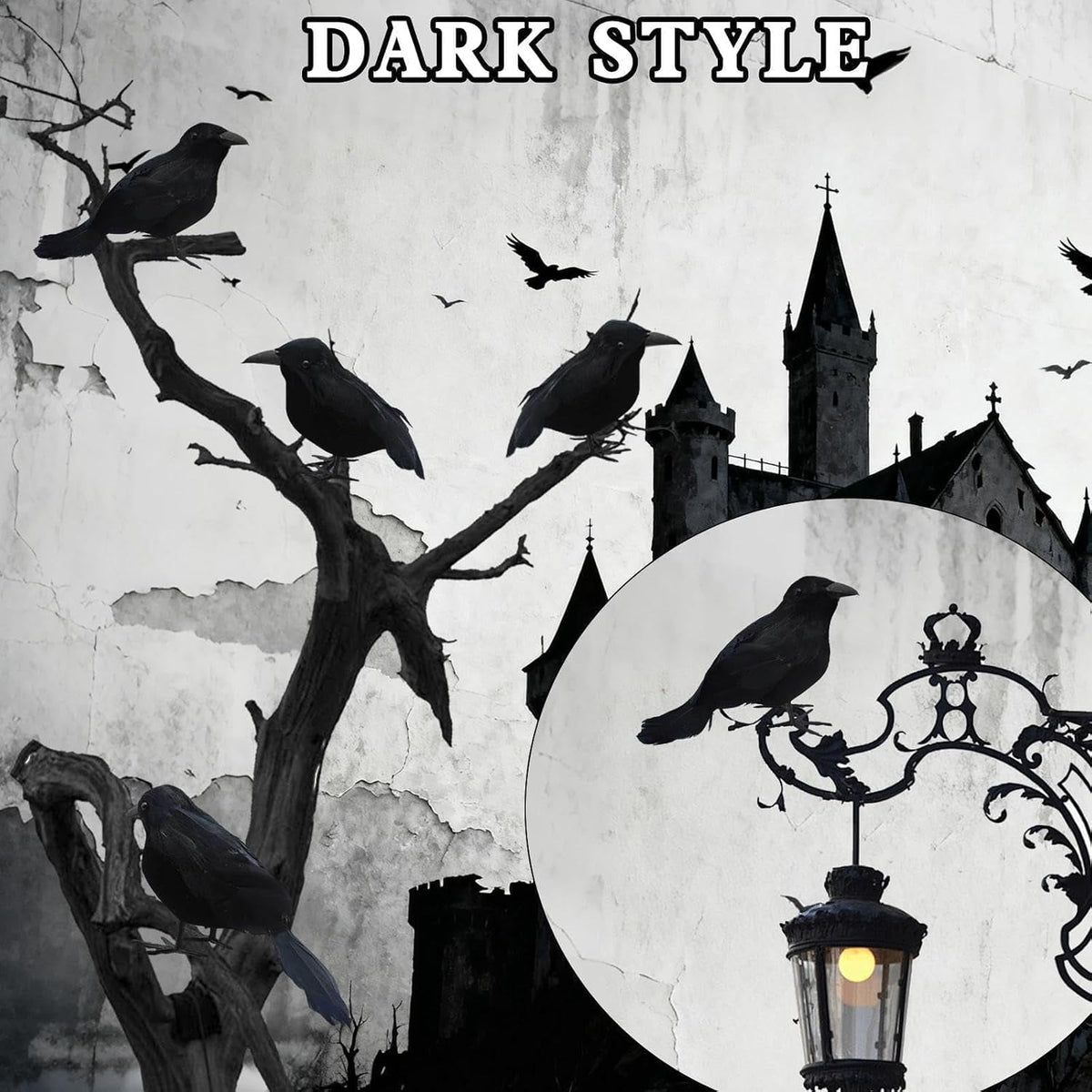 Yanxiao 6PCS Halloween Black Crows Decorations, Realistic Foam Halloween Handmade Black Feathered Crows with Fixable Legs, Halloween Gothic Ornaments for Table Centerpieces, Party, Indoor & Outdoor