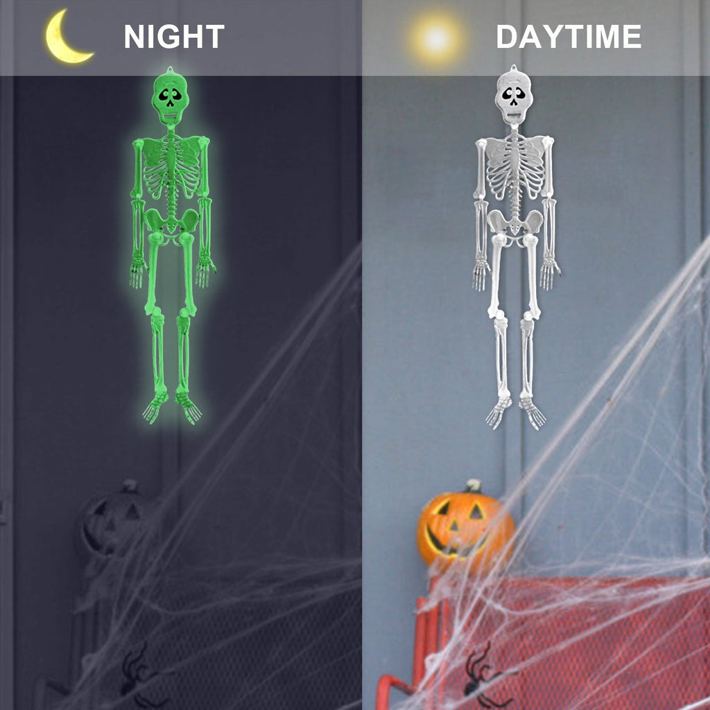 Zatoumnr 4pcs Halloween Small Skeletons Decoration 7.9 Inch Glow in The Dark Plastic Skeletons Figurine Luminous Pose able Mini Skeleton for Halloween Party Favor Decor