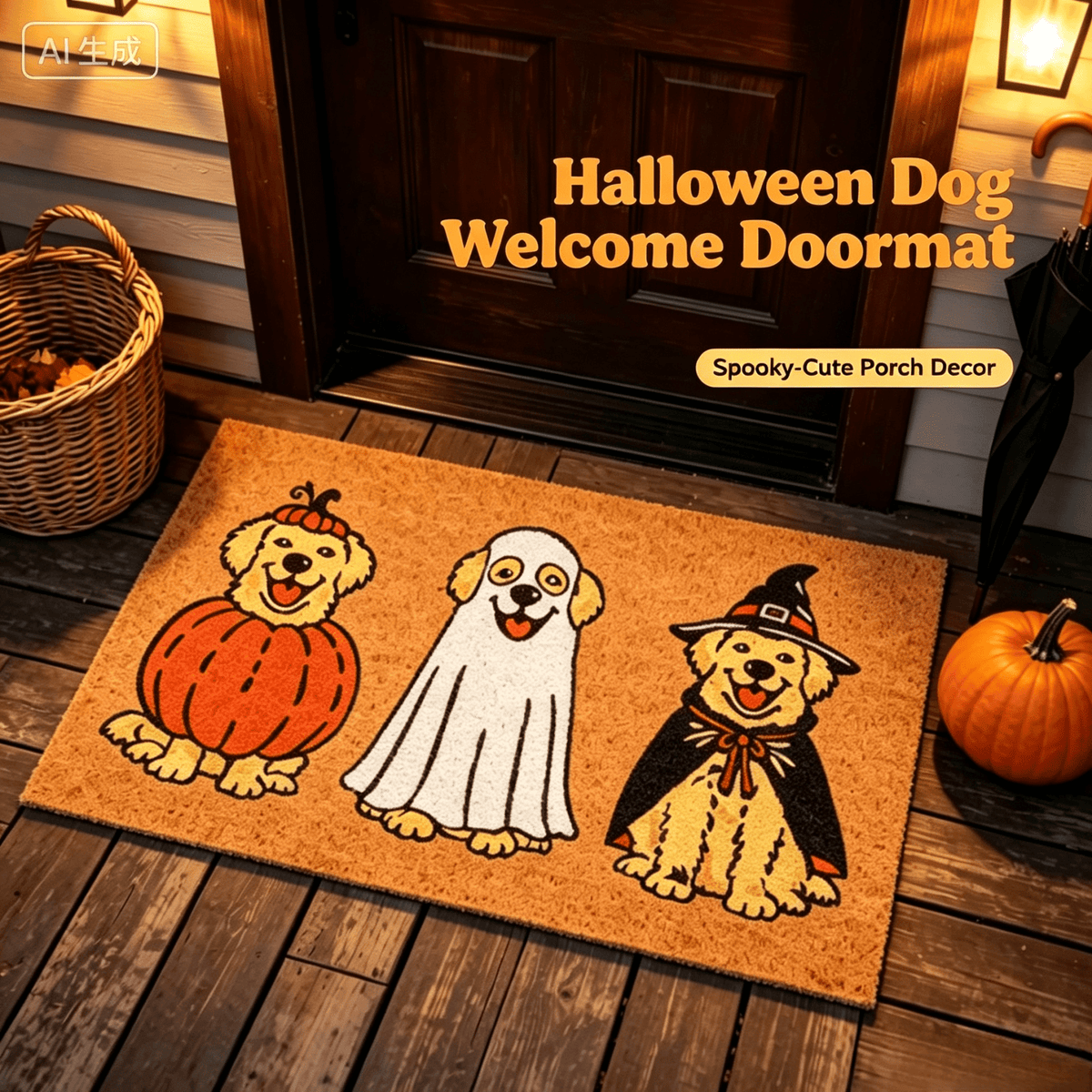 Halloween Golden Retriever Door Mat, 30"×18" Non-Slip Floor Rug, Mat for Home Porch Fall Decor & Pet Lover Housewarming Gift