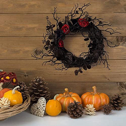 Black Halloween Door-Wreath with Red Rose Wreath for Front Door Black Wreath for Gothic Halloween Home Decor