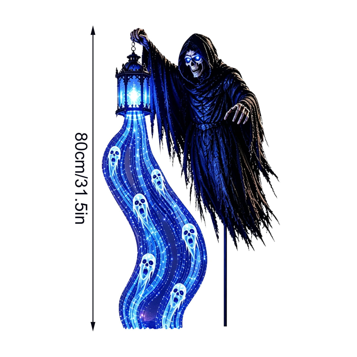 Halloween Soul Harvester Animated Solar Garden Stake Light, Outdoor Decors Flowing Blue Ghost Effect With Glowing Reaper Eyes And Lantern For Front Yard, Pathway, Porch Entrance And Graveyard Display