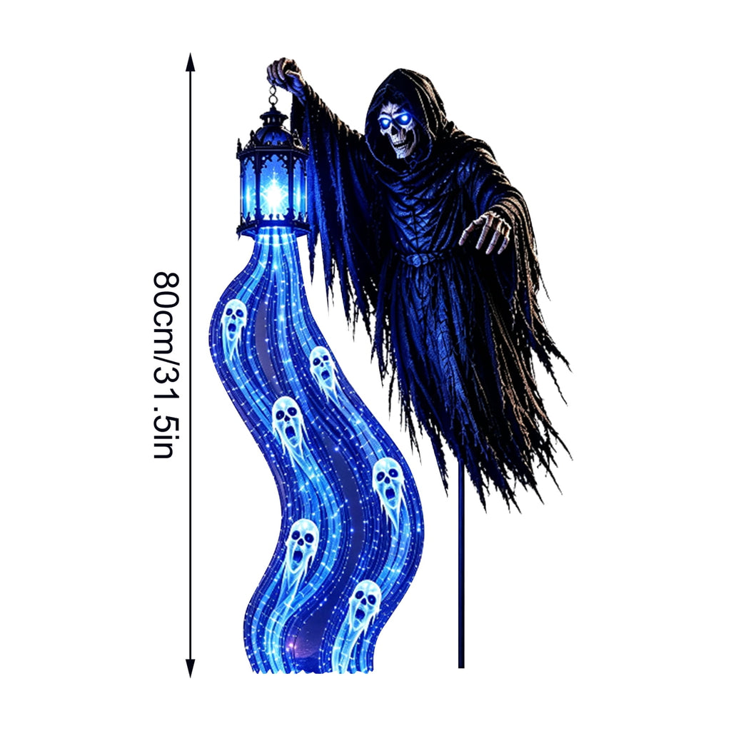 Halloween Soul Harvester Animated Solar Garden Stake Light, Spooky Skeleton Reaper with Cascading Blue Souls, 31.5 Inch Solar Ghost Yard Stake for Cemetery Lawn Outdoor Decor