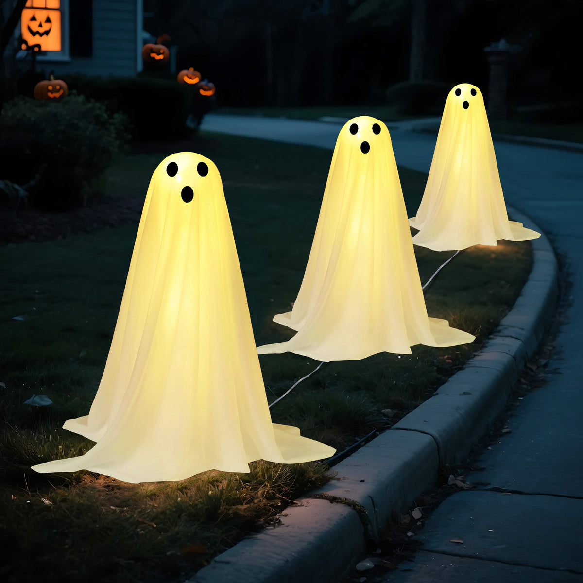 Joyfy 3 Packs Halloween Ghost Decorations Outdoor, Light Up Flying Ghost Pathway Lights， Battery Operated Watereproof Ghost Deocr with 3 Stakes, Halloween Yard Front Porch Haunted House Decorations