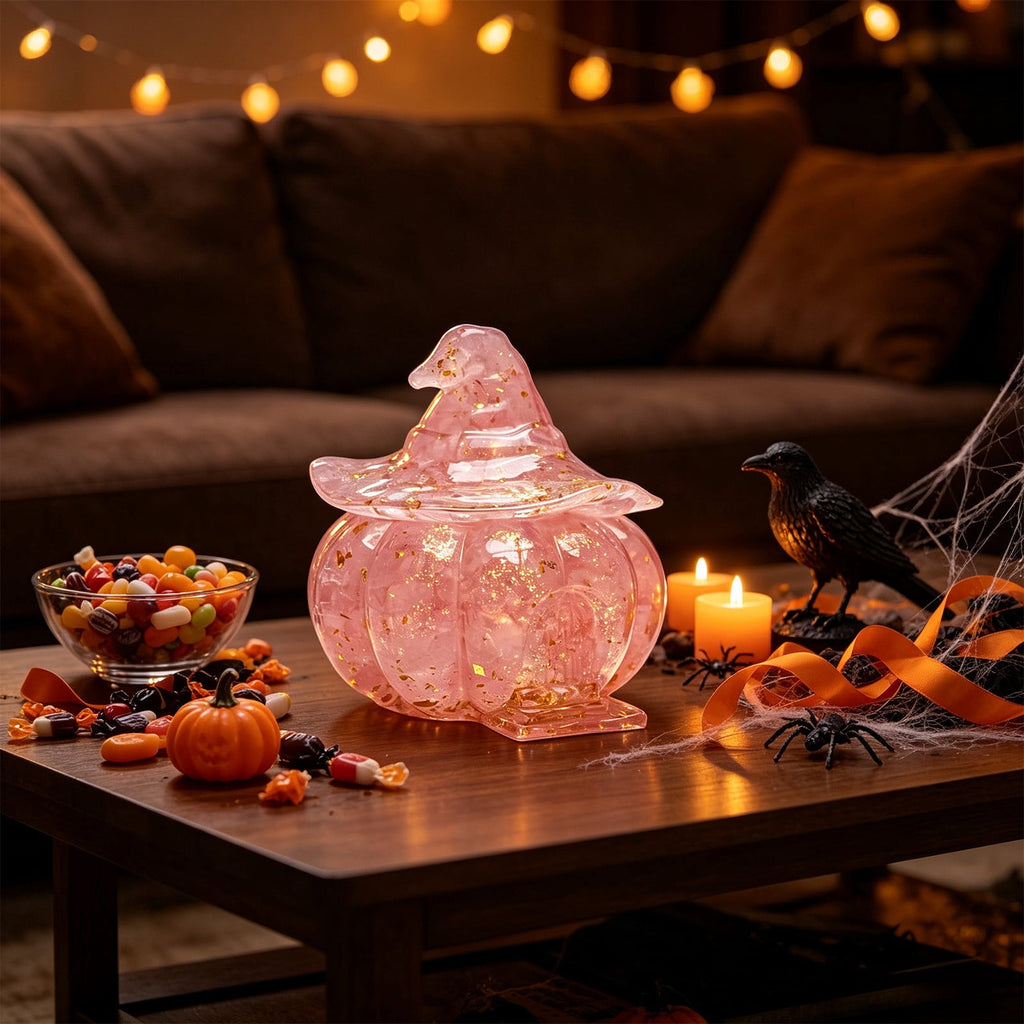 Halloween Pumpkin Candy Bowl with Lid, Decorative Plastic Treat Jar with Crushed Stone Look for Candy Serving and Seasonal Table Display, Reusable Spooky Home Accent, Home Decor, Brown