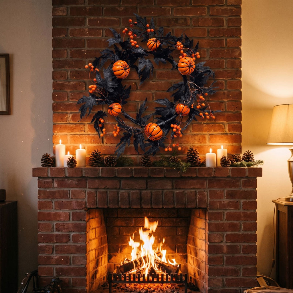 Gcvizuso Halloween Crescent Floral Wreath, Orange Red Rose Hydrangea Fall Front Door Decor for Autumn Harvest Celebration