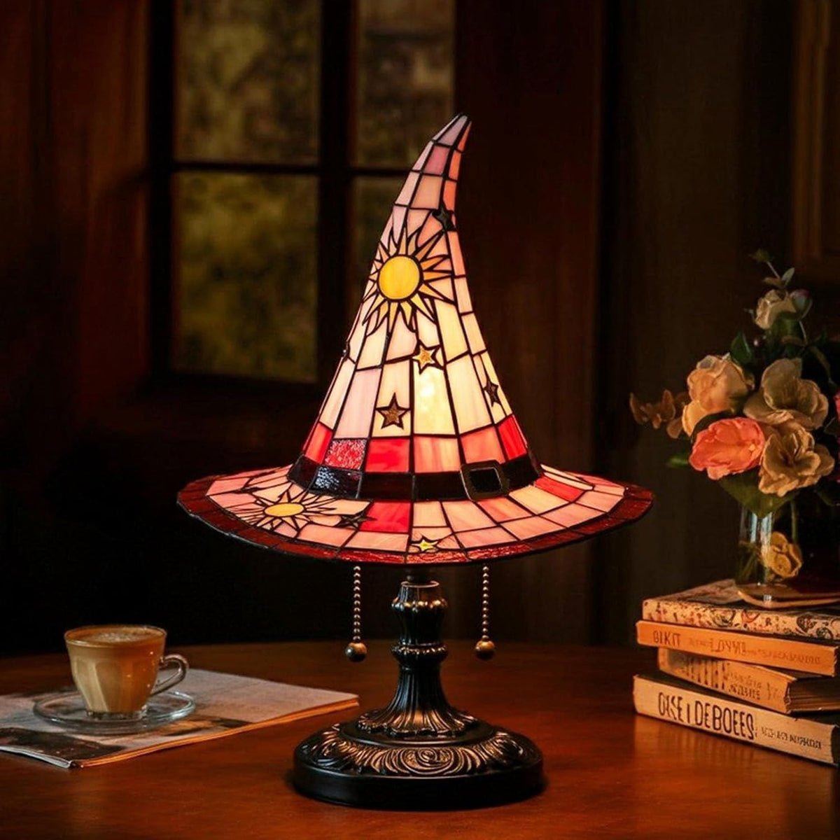 Stained Glass Witch hat lamp, 7" Halloween Gothic Mystic Room Decor Handcrafted Ceramic Phantom Figurine, USB Rechargeable LED Glowing Lantern for Bedroom Living Room Mantel Home Decor
