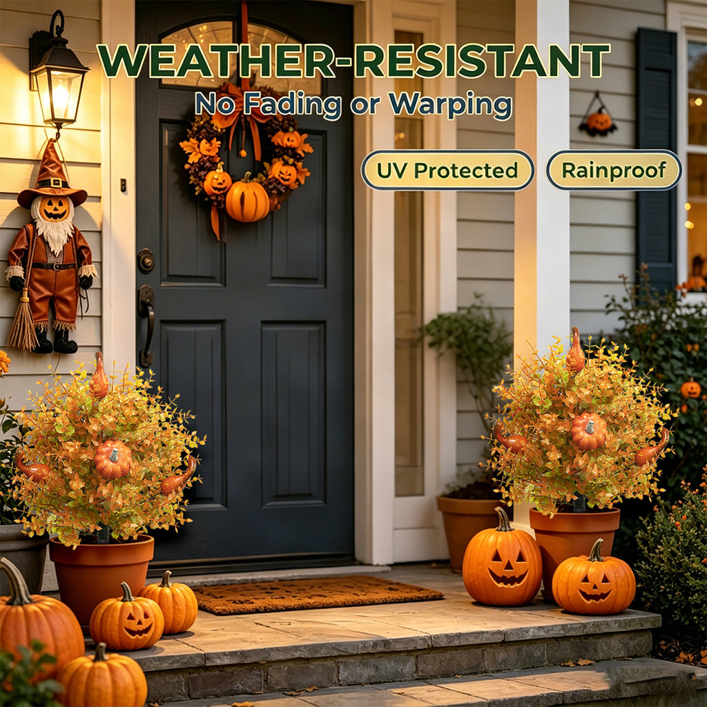 Fall Harvest Pumpkin Eucalyptus Stake, 22 Inch Artificial Halloween Outdoor Decoration, Plastic Floral Arrangement for Garden Pathway Yard