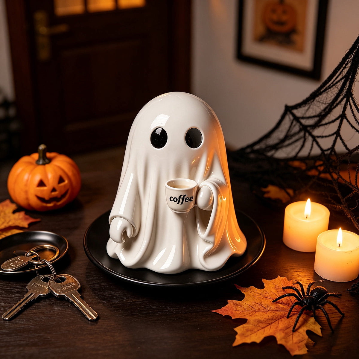 Halloween Ghost Figurine, Ghost Girl with Pink Bow & Hot Drink, Funny Ghost Statue Halloween Decor for Gift, Cute Spooky Tabletop Ornament for Home, Mantle, Desk & Party Decoration