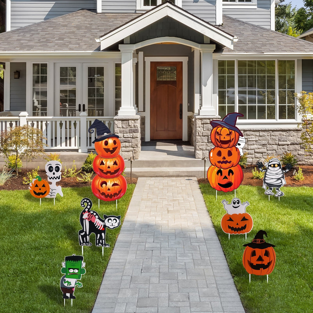 GameXcel Halloween Decorations Outdoor Yard Signs with Stakes, 34.8 in Tall Vertical Pumpkin and Ghost Decor, Weather-Resistant, 2 Count
