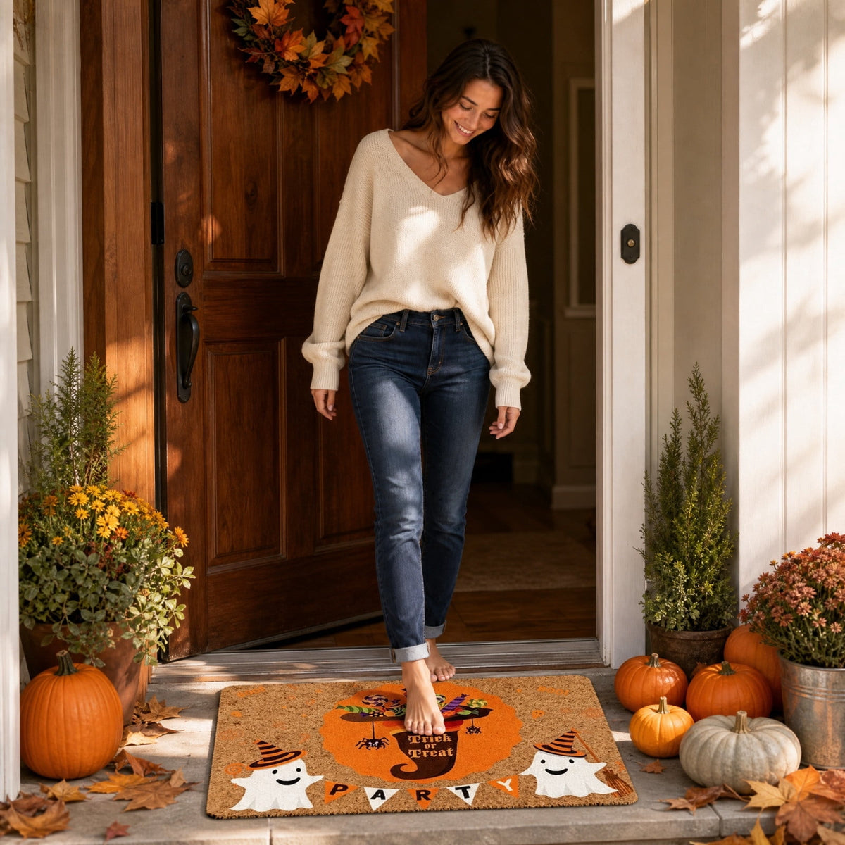 Halloween Doormat Vintage Retro Style Mat 23.6x15.7in Secure-Grip Absorbent Coir Look Entryway Rug for Front Porch Indoor Outdoor Decor by OVFUIZ