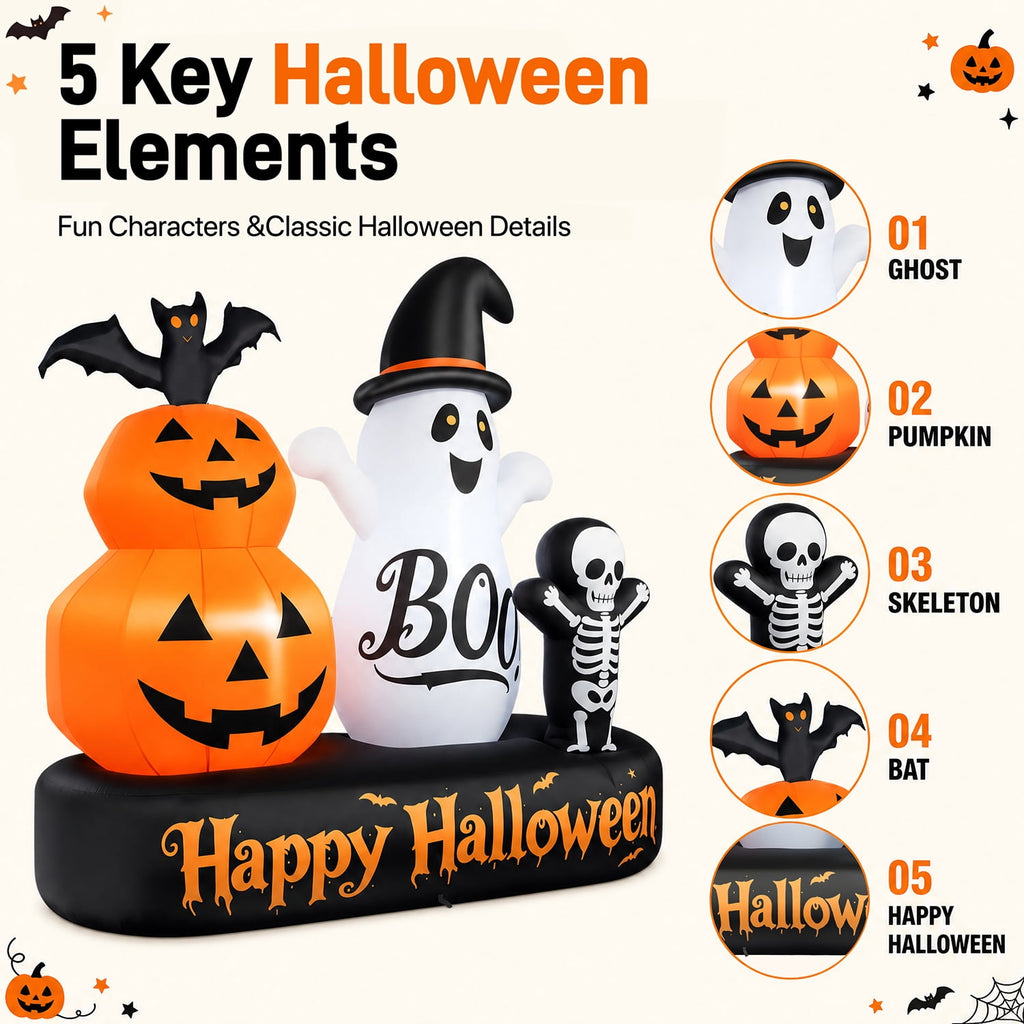 6ft Halloween Inflatable Outdoor Decorations, Lighted Pumpkin Ghost Skeleton with Bat, Built-in LED Lights, Blow Up Halloween Yard Decoration for Lawn, Porch & Party