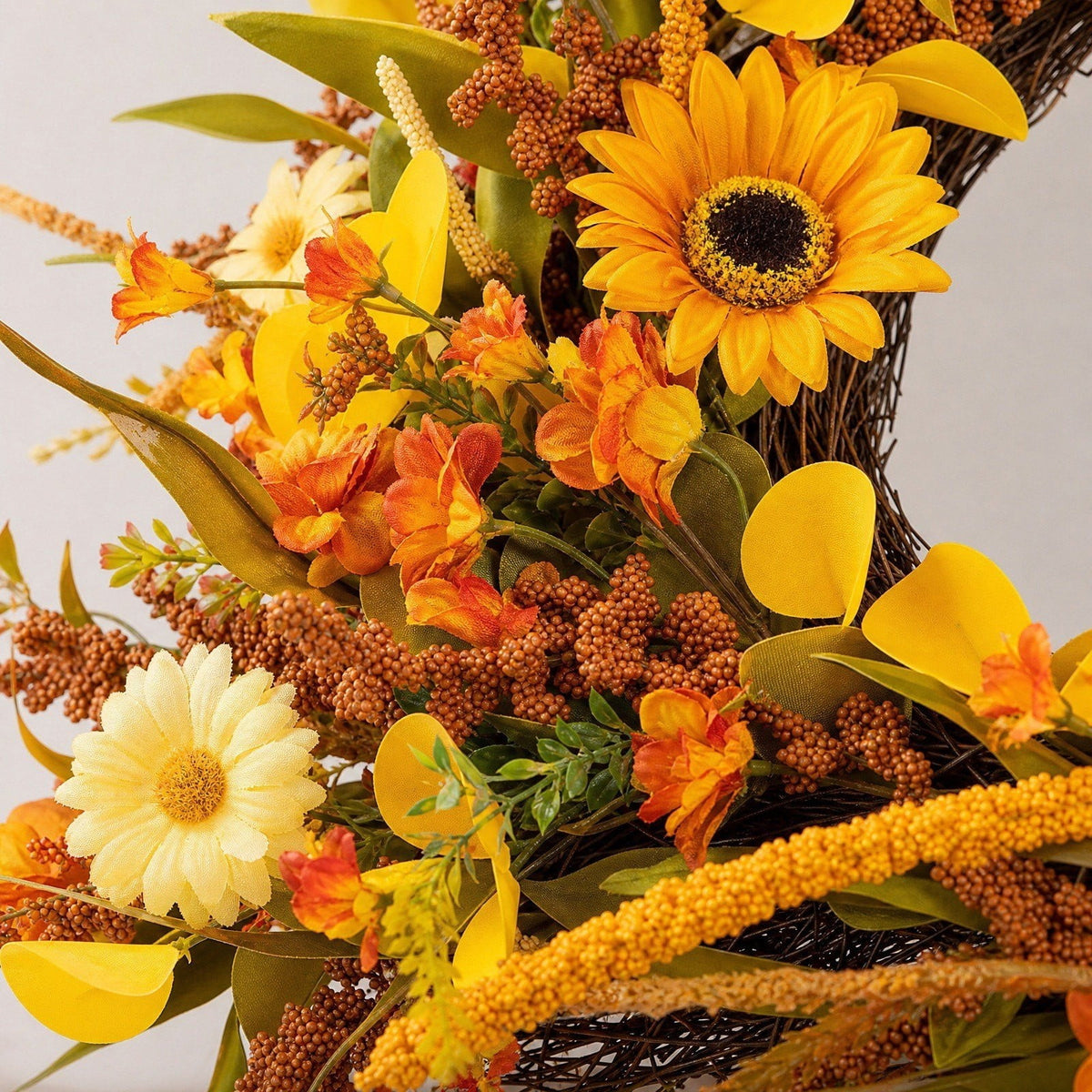 Winter Poetry Upgrade Fall Sunflower Dried Grass Wreath, Harvest Front Door Hanging Garland, Rattan Base Artificial Wreath for Halloween Thanksgiving Window Wall Decor, 17.71x17.71x3.54in