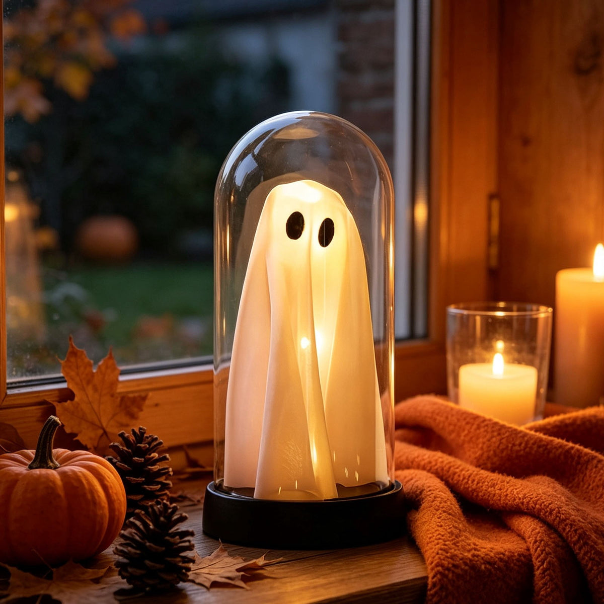 Orangide Halloween Ghost Cloche Night Light Fabric Ghost Lamp with Glass Dome for Mantel Shelf Spooky Party and Home Decor Ornament