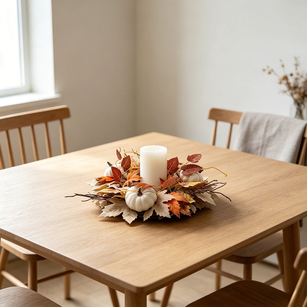 Dtchengua 2PCS Fall Candle Ring Small Wreath Artificial Maple Leaves Pumpkin 11” for Thanksgiving Halloween Autumn Harvest Festival Farmhouse Table Decor Gift