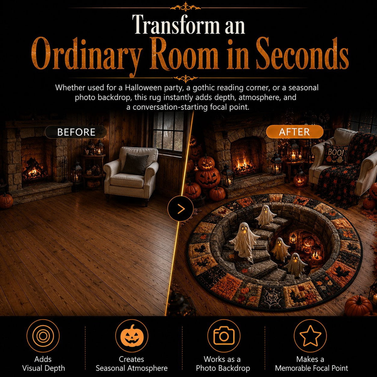 Halloween Staircase Optical Illusion Round Rug, Spooky 3D Floor Mat with Ghosts Pumpkins, Soft Non-Slip Carpet for Living Room Entryway – 4 Sizes