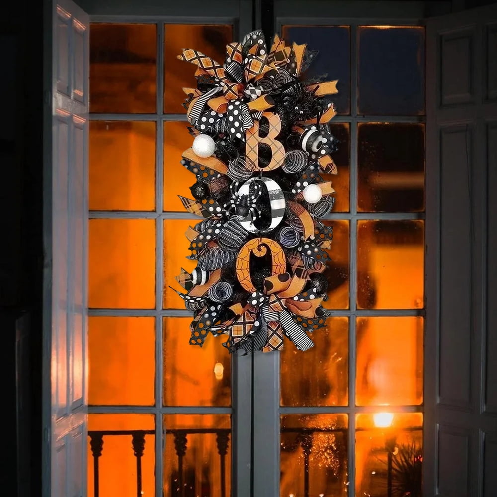 Ribbon BOO Halloween Swag Wreath for Front Door Wall Decor