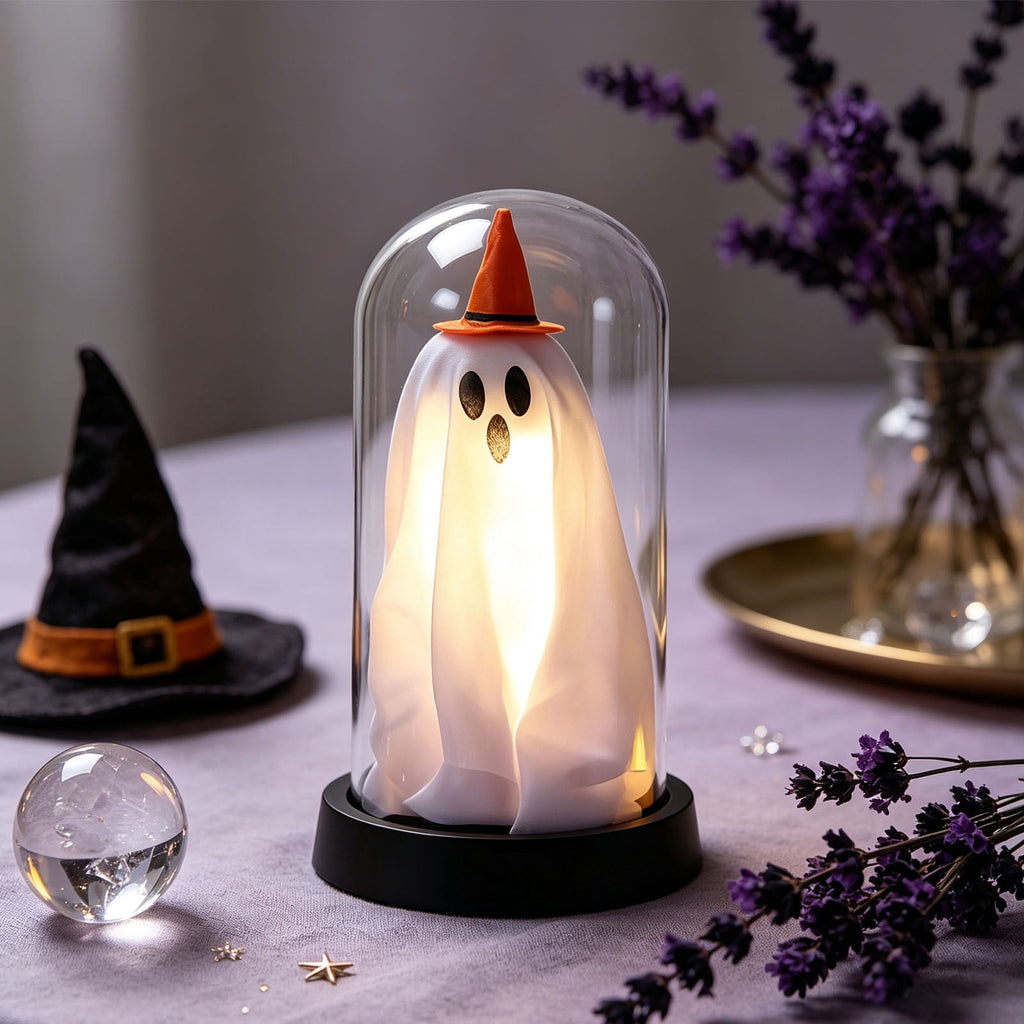 Orangide Halloween Ghost Cloche Night Light Fabric Ghost Lamp with Glass Dome for Mantel Shelf Spooky Party and Home Decor Ornament