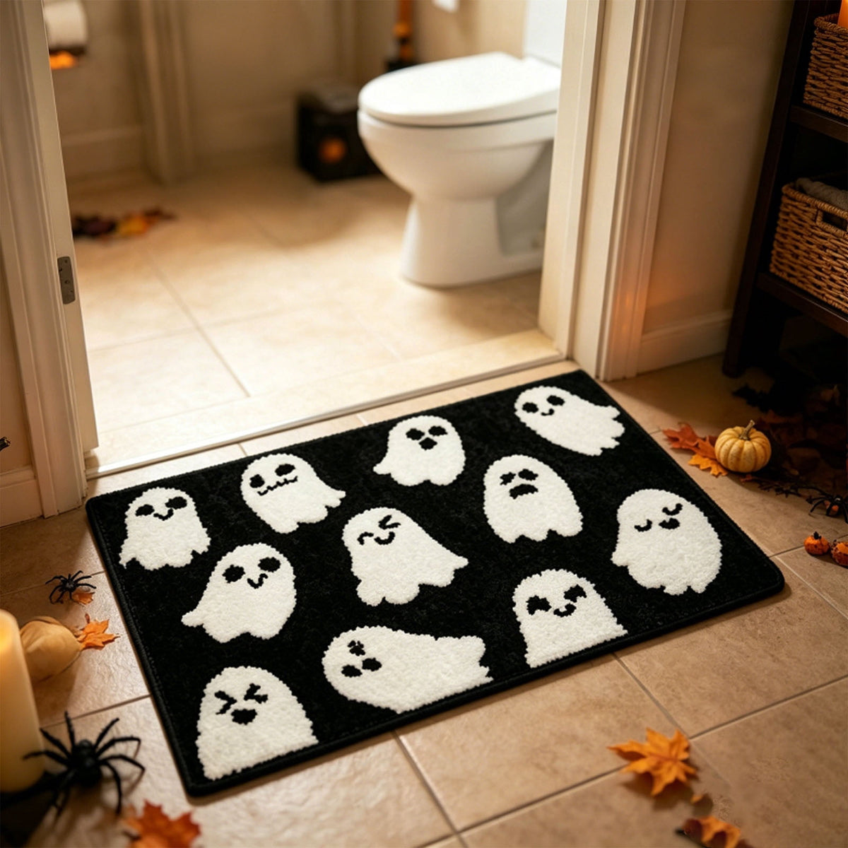 Halloween Heart Print Doormat 60x40cm, Black Orange Spooky Entry Mat for Front Door, Non-Slip Indoor Outdoor Rug