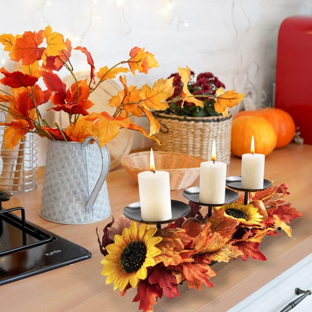 flangairy 3 Pillar Black Metal Candle Holders for Table Centerpiece, Fall Thanksgiving & Halloween Dining Table, Fireplace Mantel Decor, Tray Candlestick for Living Room Rustic Decorations
