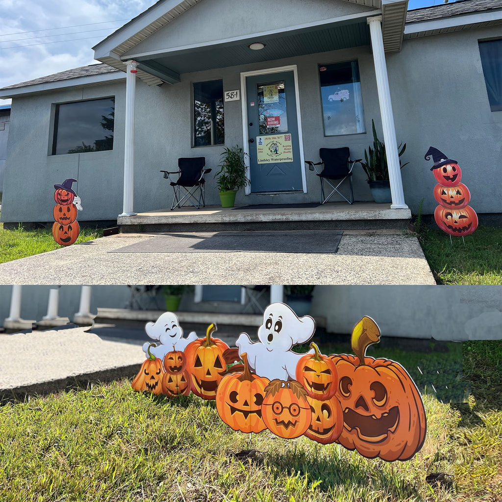 GameXcel Halloween Decorations Outdoor Yard Signs with Stakes, 34.8 in Tall Vertical Pumpkin and Ghost Decor, Weather-Resistant, 2 Count