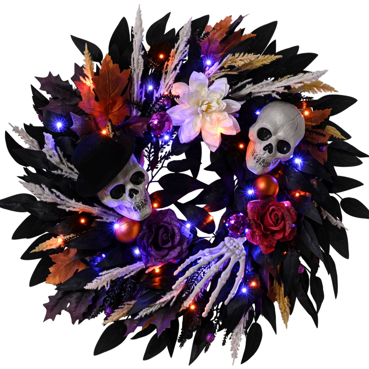 Lyacmy Halloween Wreath for Front Door Halloween Skeleton Decorations, Wreath with Skull Maple Leaves for Window Indoor Outside Home Party Decor