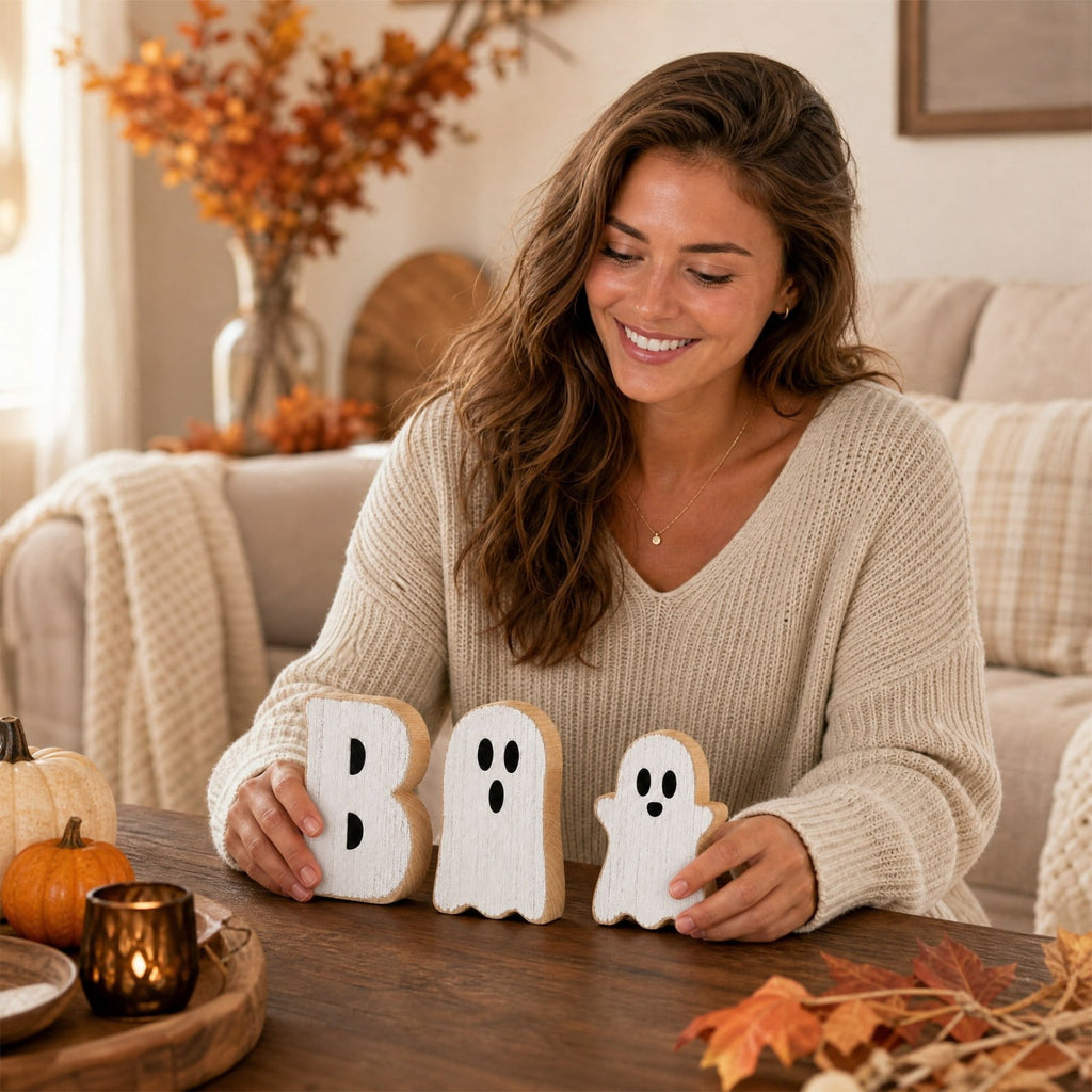 Miwamany 3 Pack Spooky Cute Ghost Wooden Figurine Set, Freestanding Lightweight Tabletop Ornament, Reusable Festival Decor for Home Kitchen Office Tiered Tray Halloween Centerpiece