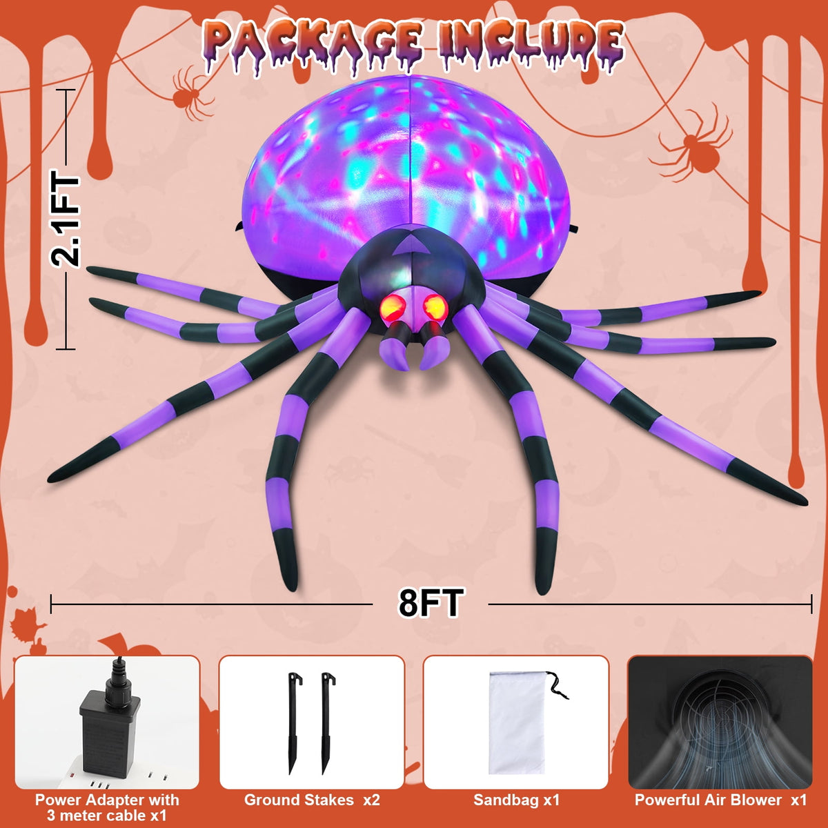 Yexmas 8FT Halloween Inflatables Outdoor Decorations Giant Spider Decorations with LED Lights and Air Pump Blow up Inflatable Green
