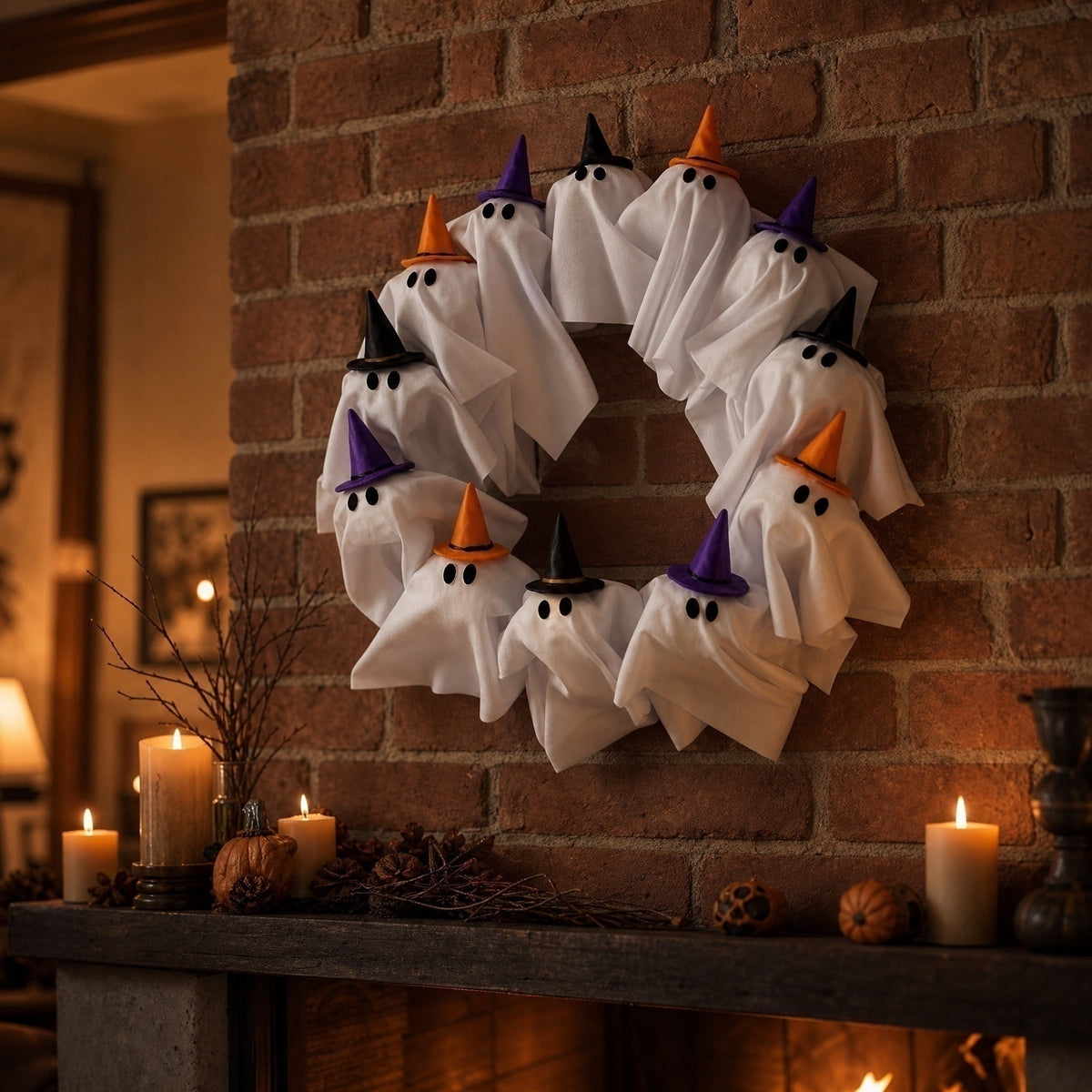 Light Up Ghost Wreath with Witch Hats, 15.7" Halloween Fabric Ghost Front Door Wreath, LED Glowing Spooky Ghost Hanging Wreath for Porch Wall Indoor Party Decorations