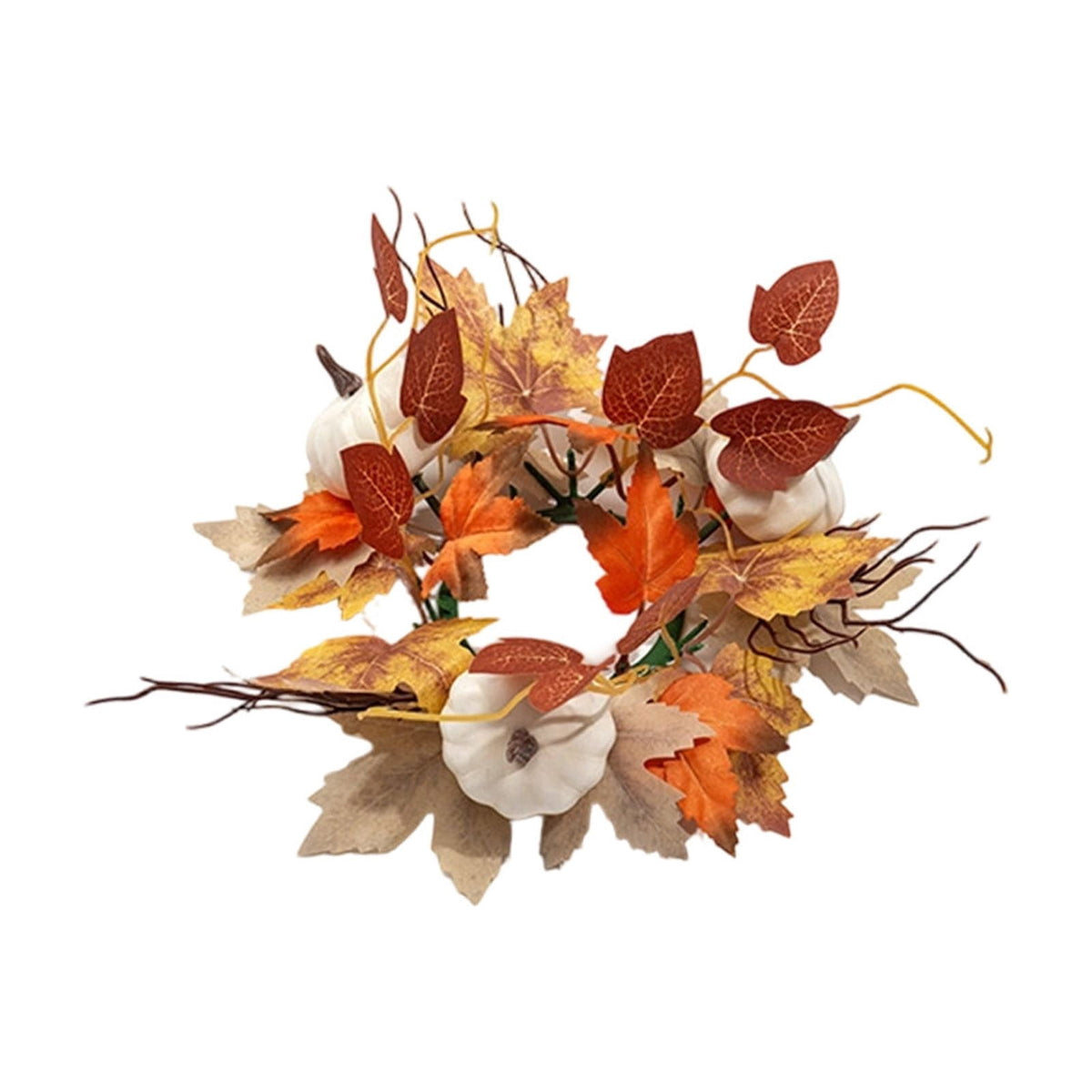 Dtchengua 2PCS Fall Candle Ring Small Wreath Artificial Maple Leaves Pumpkin 11” for Thanksgiving Halloween Autumn Harvest Festival Farmhouse Table Decor Gift