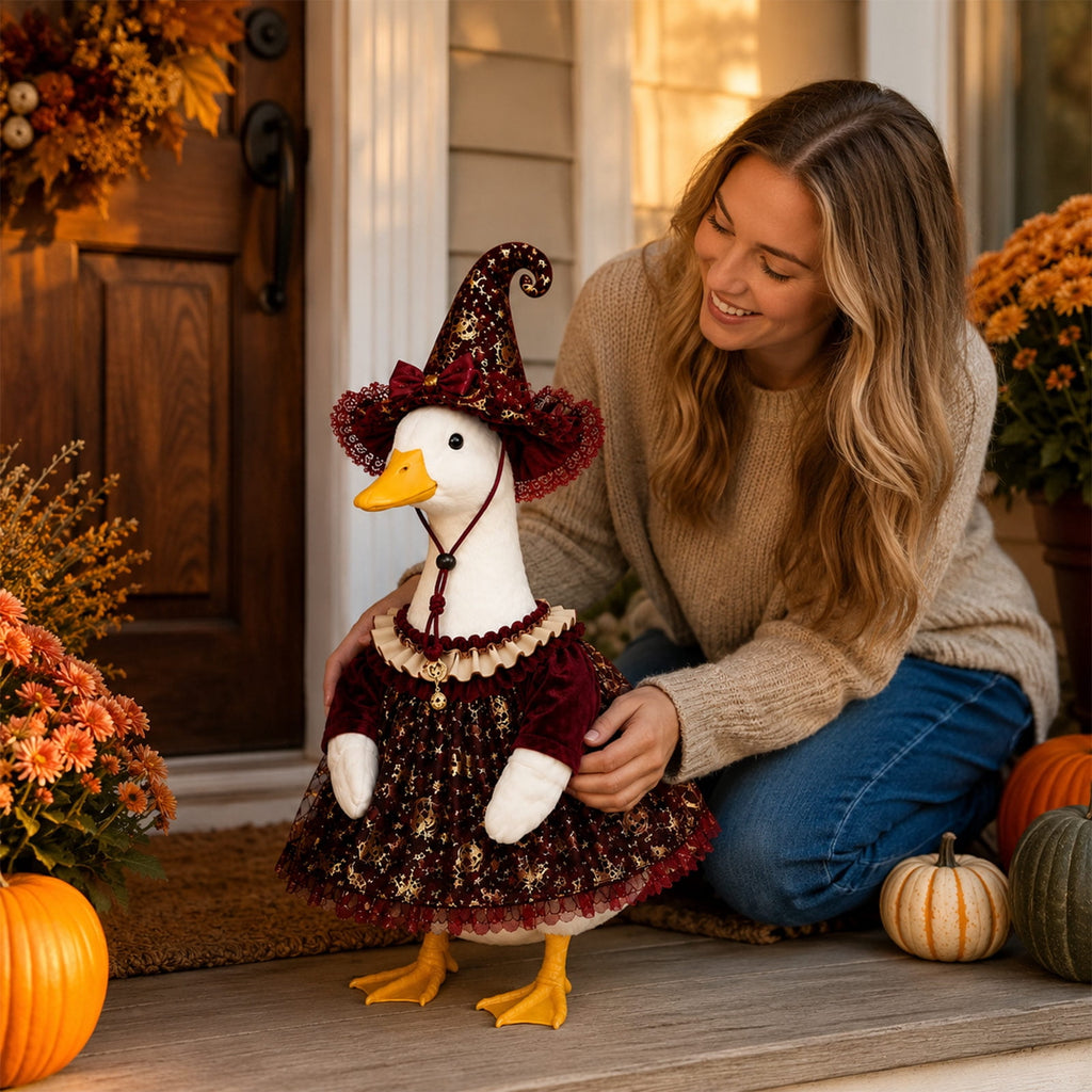Halloween Garden Porch Decor, Porch Goose Outfits Halloween, 23 Inch Porch Goose Outfits, Witch Dress and Hat Set, Fits 23X11X26 Inch Standing Plush Goose for Front Porch Lawn