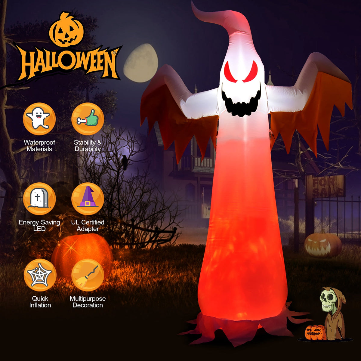 Costway 8 FT Halloween Inflatable White Ghost with Rotatable Flame LED Lights