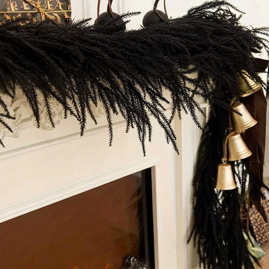HHBEAUTY 59" Black Pine Garland - Halloween Artificial Pine Needles & Leaves Hanging Decorations for Fireplace, Stairs, Railing, Mantle, DIY Wreath, Door, Wall, Window & Thanksgiving Party Decor