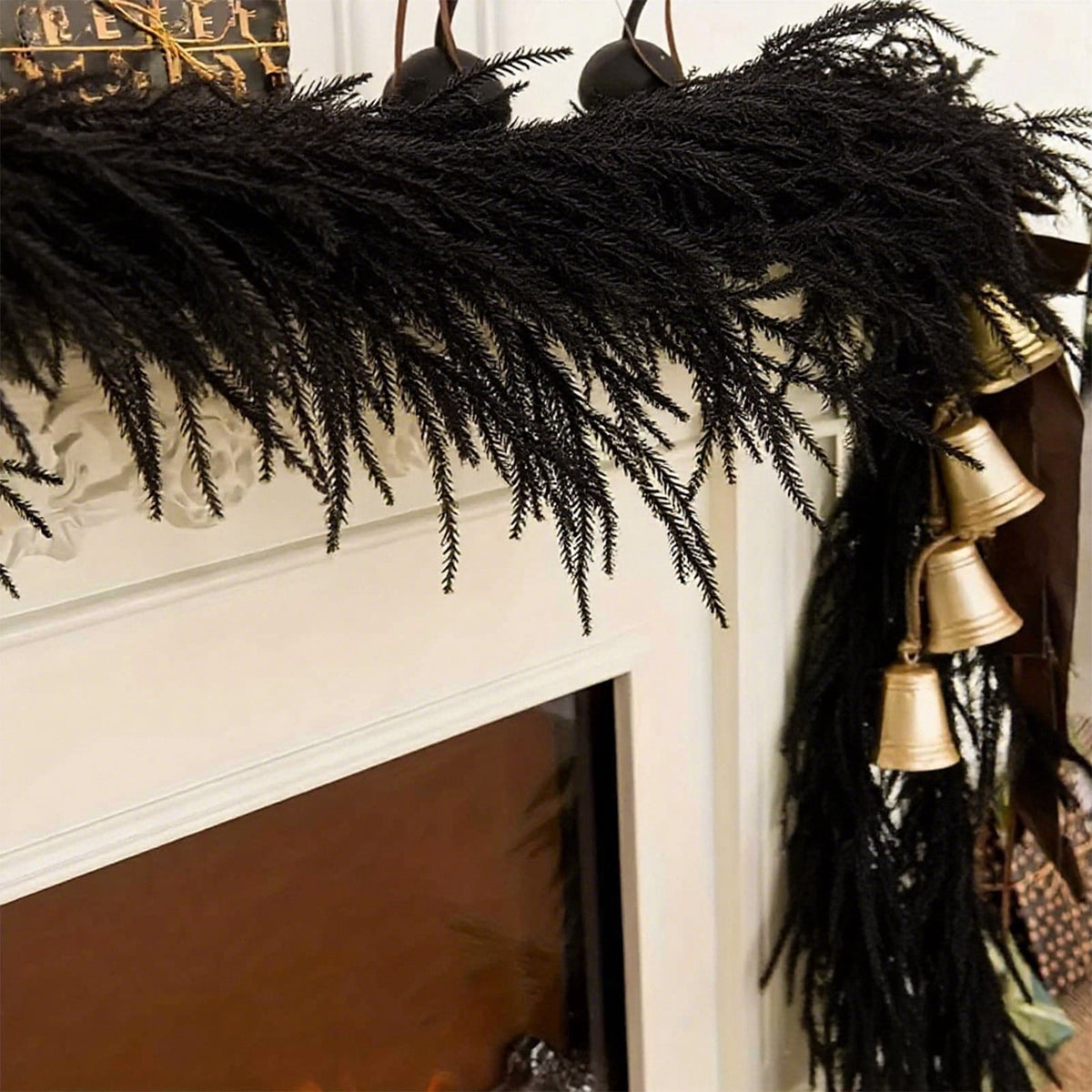 HHBEAUTY 59" Black Pine Garland - Halloween Artificial Pine Needles & Leaves Hanging Decorations for Fireplace, Stairs, Railing, Mantle, DIY Wreath, Door, Wall, Window & Thanksgiving Party Decor