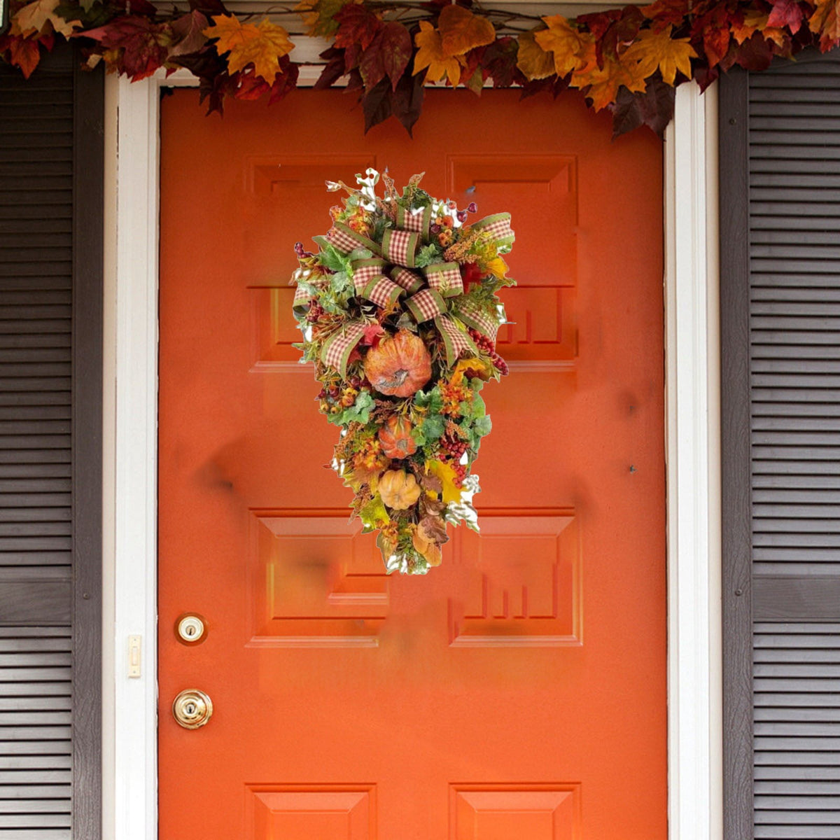 Fall Swags for Front Door with Artificial Pumpkin Maple Leaf and Berry, Harvest Teardrop Swag Wreath for Thanksgiving Halloween Decor, Farmhouse Floral Swag for Indoor Outdoor Wall Door Decorations