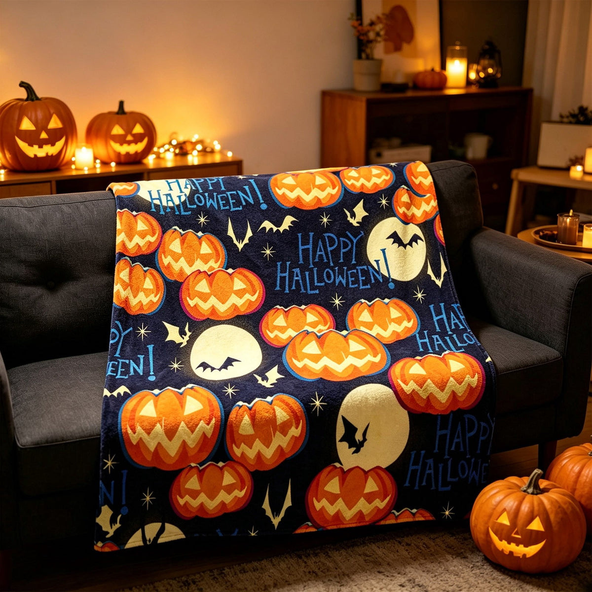 Halloween blanket,Halloween Print Throw Blanket Flannel Soft Cozy Decorative Nap Blanket with Ghost Pumpkin Skull for Office Bedroom Sofa Camping Travel(100x150cm/39x59 Inch),Black